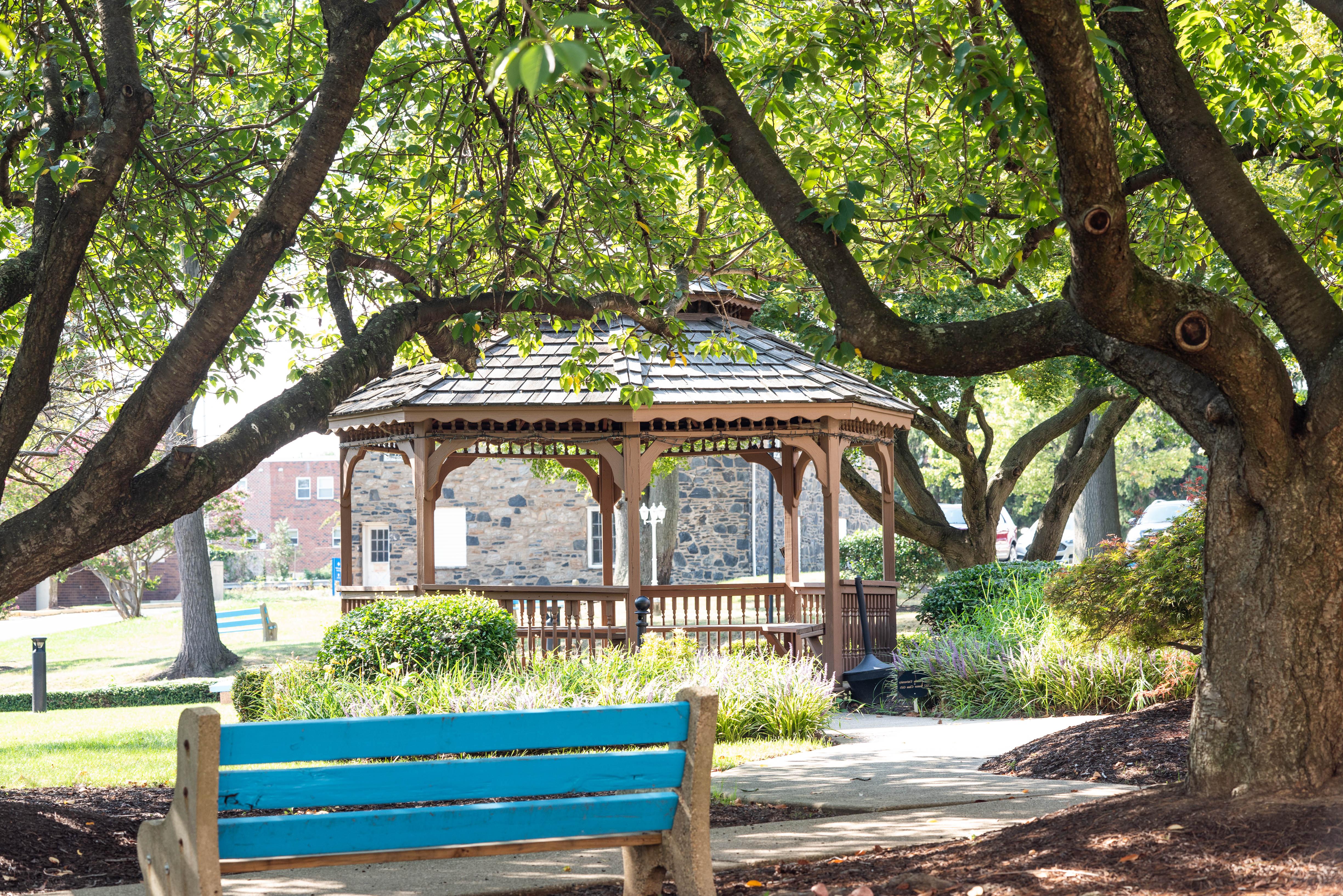 Bench in front of gazebo on the Philadelphia campus